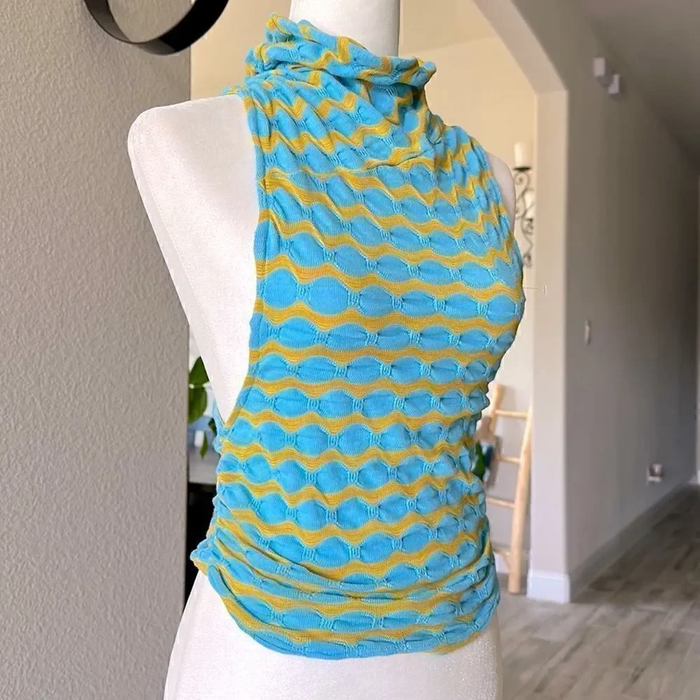 NWOT Free People Mock Neck Sleeveless Wavy Stripes Blue Mustard Tank Racer Back